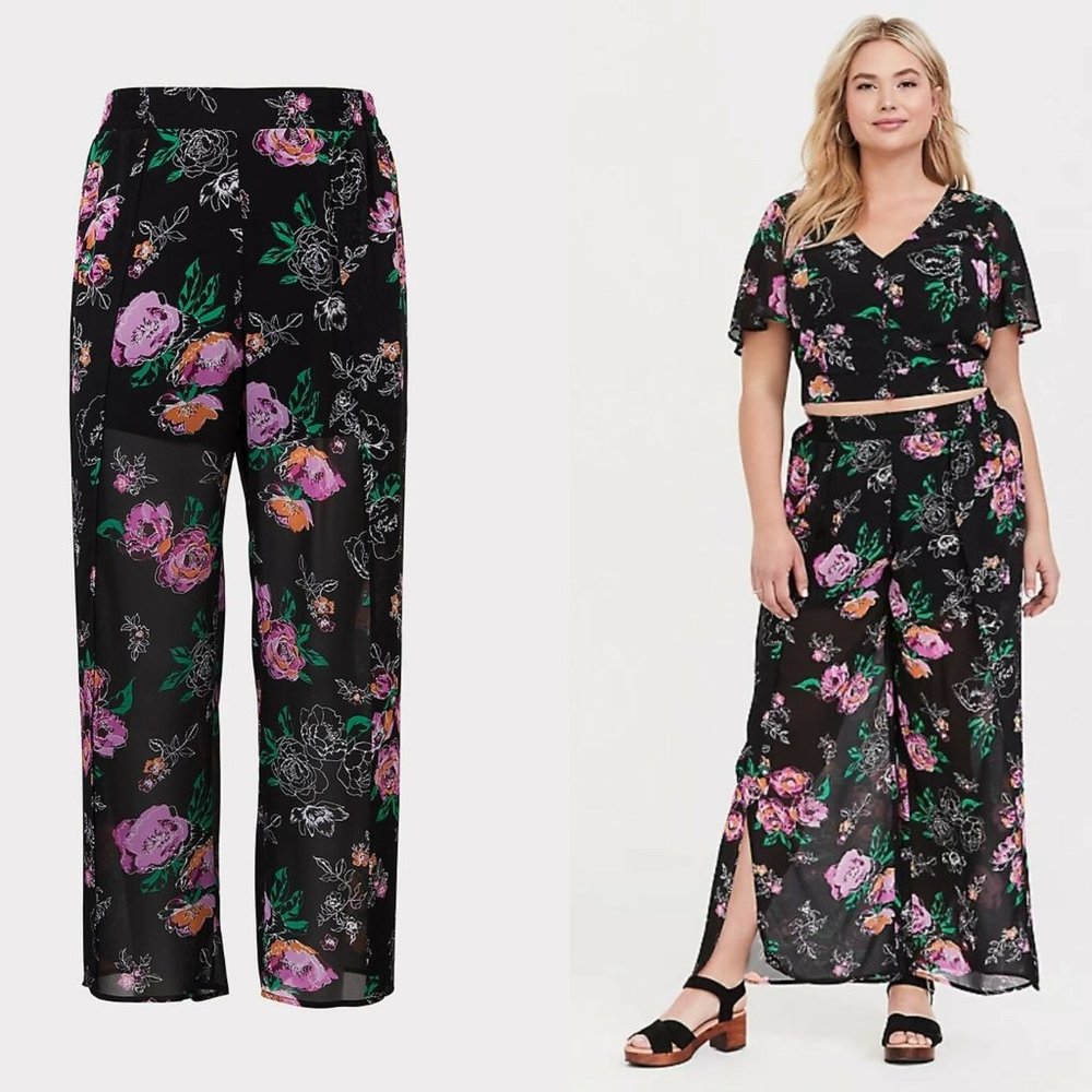 Torrid Floral Chiffon Tulip Leg Pant Black HW9838 - Picture 1 of 9